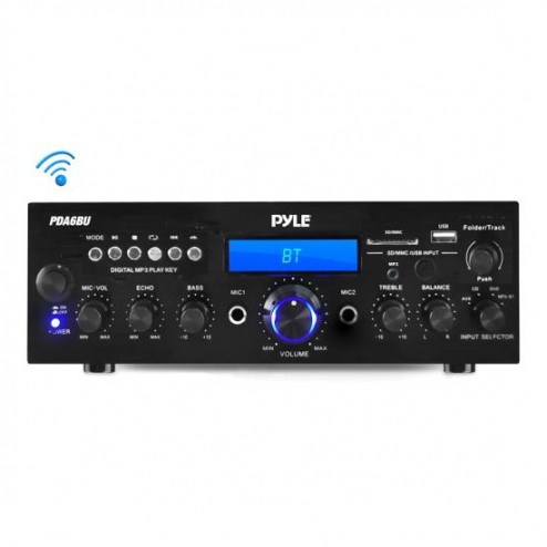 Pyle PDA6BU Amplificador Estéreo Bluetooth Compacto - Receptor y amplificador de audio con radio FM, lectores de MP3/USB/SD, pantalla LCD digital, entrada de micrófono (200 watts)